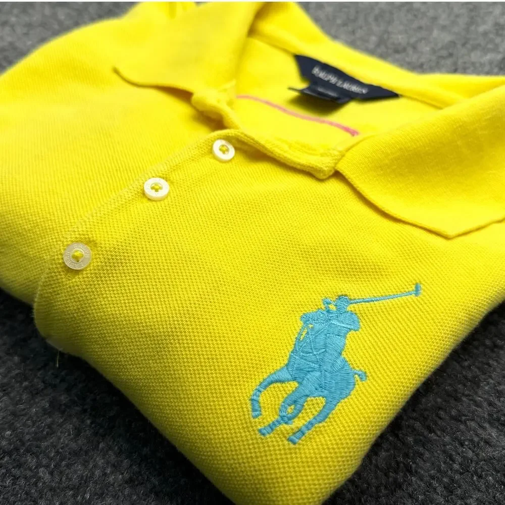 Ralph Lauren Big Pony Polo Shirt Girls XL 16 Yellow Blue Logo #3 Cotton PERU